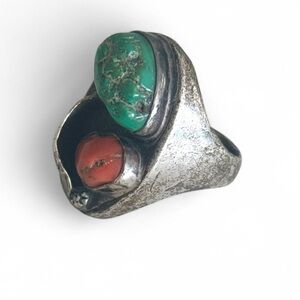 Old Pawn Native American Navajo Sterling Silver Turquoise and Coral Ring Size 11